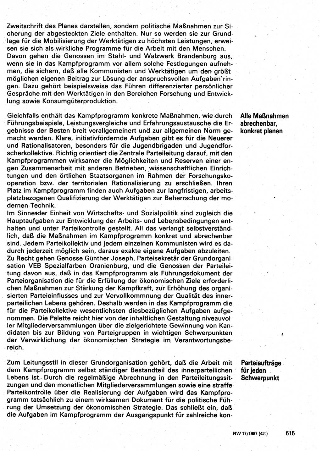 Neuer Weg (NW), Organ des Zentralkomitees (ZK) der SED (Sozialistische Einheitspartei Deutschlands) für Fragen des Parteilebens, 42. Jahrgang [Deutsche Demokratische Republik (DDR)] 1987, Seite 615 (NW ZK SED DDR 1987, S. 615)