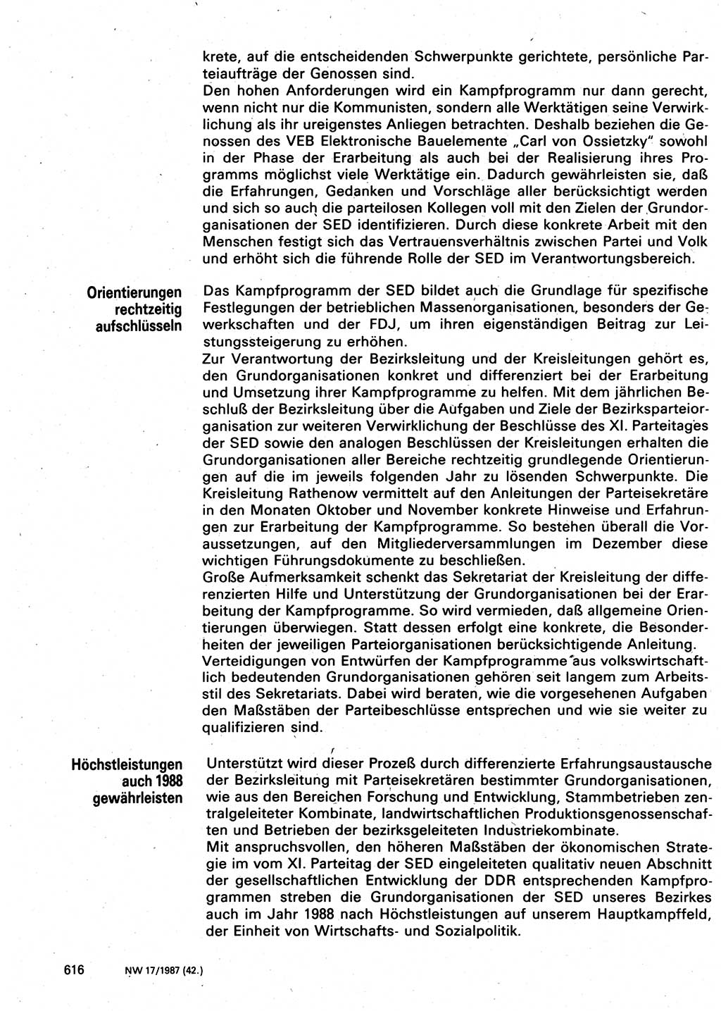 Neuer Weg (NW), Organ des Zentralkomitees (ZK) der SED (Sozialistische Einheitspartei Deutschlands) für Fragen des Parteilebens, 42. Jahrgang [Deutsche Demokratische Republik (DDR)] 1987, Seite 616 (NW ZK SED DDR 1987, S. 616)