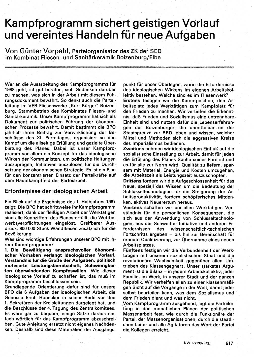 Neuer Weg (NW), Organ des Zentralkomitees (ZK) der SED (Sozialistische Einheitspartei Deutschlands) für Fragen des Parteilebens, 42. Jahrgang [Deutsche Demokratische Republik (DDR)] 1987, Seite 617 (NW ZK SED DDR 1987, S. 617)