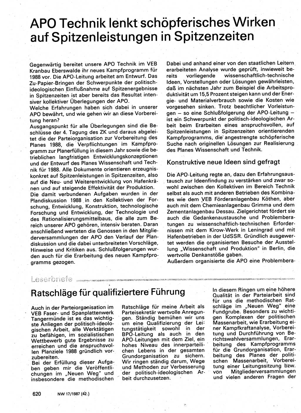 Neuer Weg (NW), Organ des Zentralkomitees (ZK) der SED (Sozialistische Einheitspartei Deutschlands) für Fragen des Parteilebens, 42. Jahrgang [Deutsche Demokratische Republik (DDR)] 1987, Seite 620 (NW ZK SED DDR 1987, S. 620)