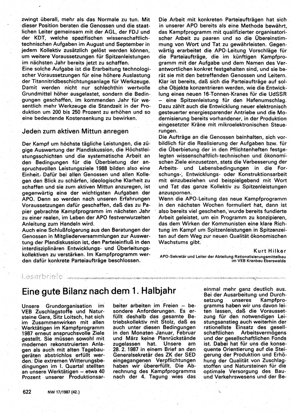 Neuer Weg (NW), Organ des Zentralkomitees (ZK) der SED (Sozialistische Einheitspartei Deutschlands) für Fragen des Parteilebens, 42. Jahrgang [Deutsche Demokratische Republik (DDR)] 1987, Seite 622 (NW ZK SED DDR 1987, S. 622)