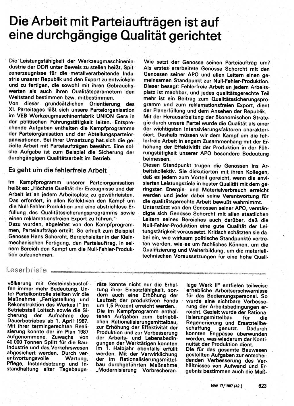 Neuer Weg (NW), Organ des Zentralkomitees (ZK) der SED (Sozialistische Einheitspartei Deutschlands) für Fragen des Parteilebens, 42. Jahrgang [Deutsche Demokratische Republik (DDR)] 1987, Seite 623 (NW ZK SED DDR 1987, S. 623)