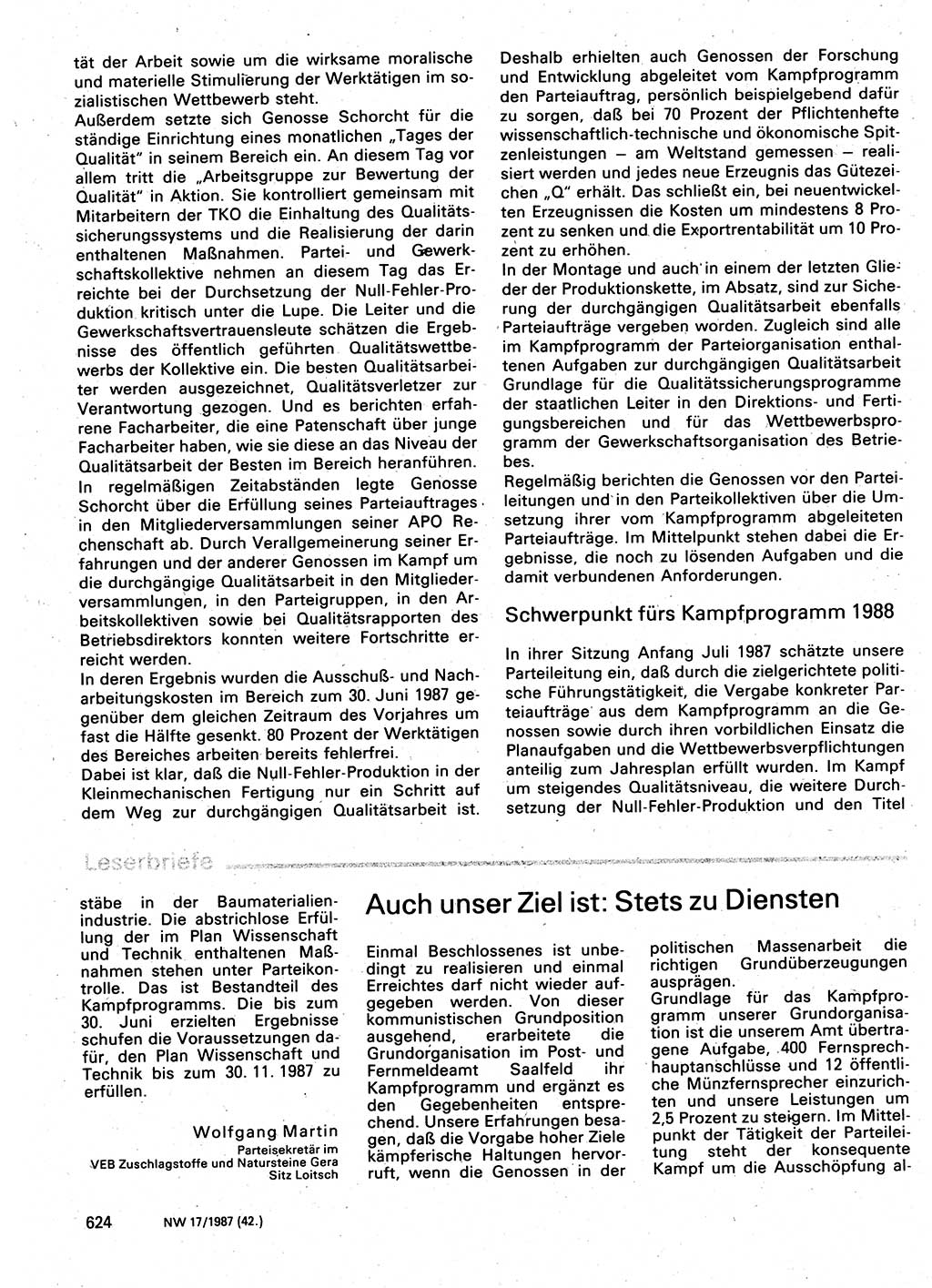 Neuer Weg (NW), Organ des Zentralkomitees (ZK) der SED (Sozialistische Einheitspartei Deutschlands) für Fragen des Parteilebens, 42. Jahrgang [Deutsche Demokratische Republik (DDR)] 1987, Seite 624 (NW ZK SED DDR 1987, S. 624)