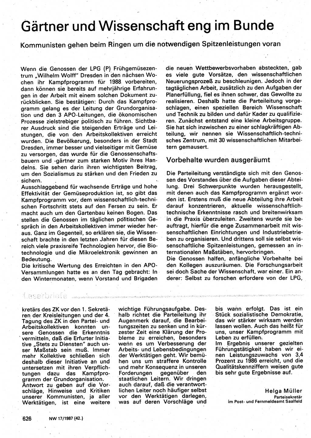 Neuer Weg (NW), Organ des Zentralkomitees (ZK) der SED (Sozialistische Einheitspartei Deutschlands) für Fragen des Parteilebens, 42. Jahrgang [Deutsche Demokratische Republik (DDR)] 1987, Seite 626 (NW ZK SED DDR 1987, S. 626)