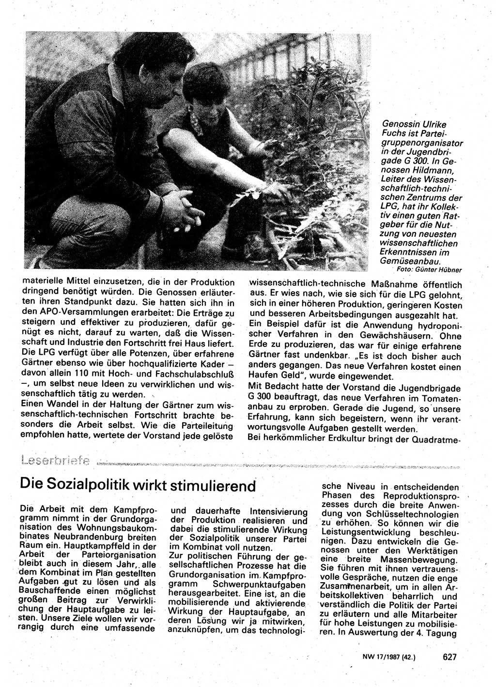 Neuer Weg (NW), Organ des Zentralkomitees (ZK) der SED (Sozialistische Einheitspartei Deutschlands) fÃ¼r Fragen des Parteilebens, 42. Jahrgang [Deutsche Demokratische Republik (DDR)] 1987, Seite 627 (NW ZK SED DDR 1987, S. 627)