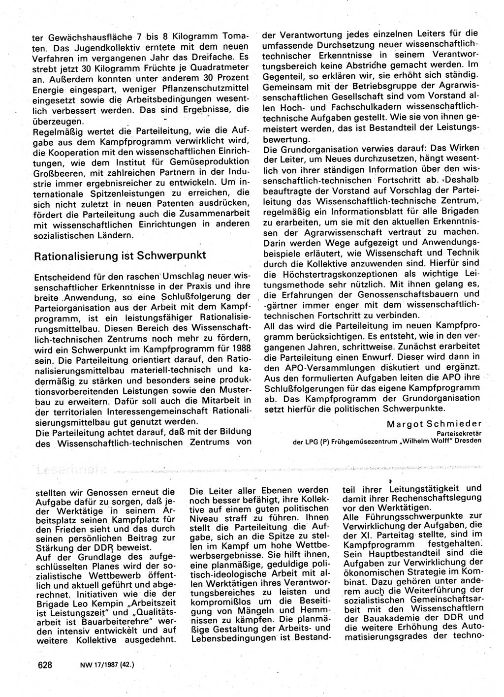 Neuer Weg (NW), Organ des Zentralkomitees (ZK) der SED (Sozialistische Einheitspartei Deutschlands) für Fragen des Parteilebens, 42. Jahrgang [Deutsche Demokratische Republik (DDR)] 1987, Seite 628 (NW ZK SED DDR 1987, S. 628)