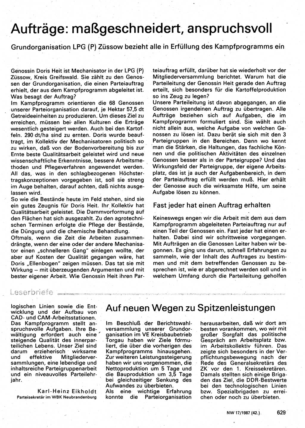 Neuer Weg (NW), Organ des Zentralkomitees (ZK) der SED (Sozialistische Einheitspartei Deutschlands) für Fragen des Parteilebens, 42. Jahrgang [Deutsche Demokratische Republik (DDR)] 1987, Seite 629 (NW ZK SED DDR 1987, S. 629)