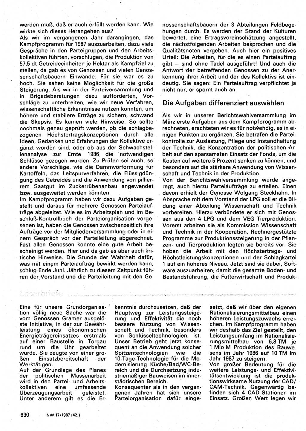 Neuer Weg (NW), Organ des Zentralkomitees (ZK) der SED (Sozialistische Einheitspartei Deutschlands) für Fragen des Parteilebens, 42. Jahrgang [Deutsche Demokratische Republik (DDR)] 1987, Seite 630 (NW ZK SED DDR 1987, S. 630)