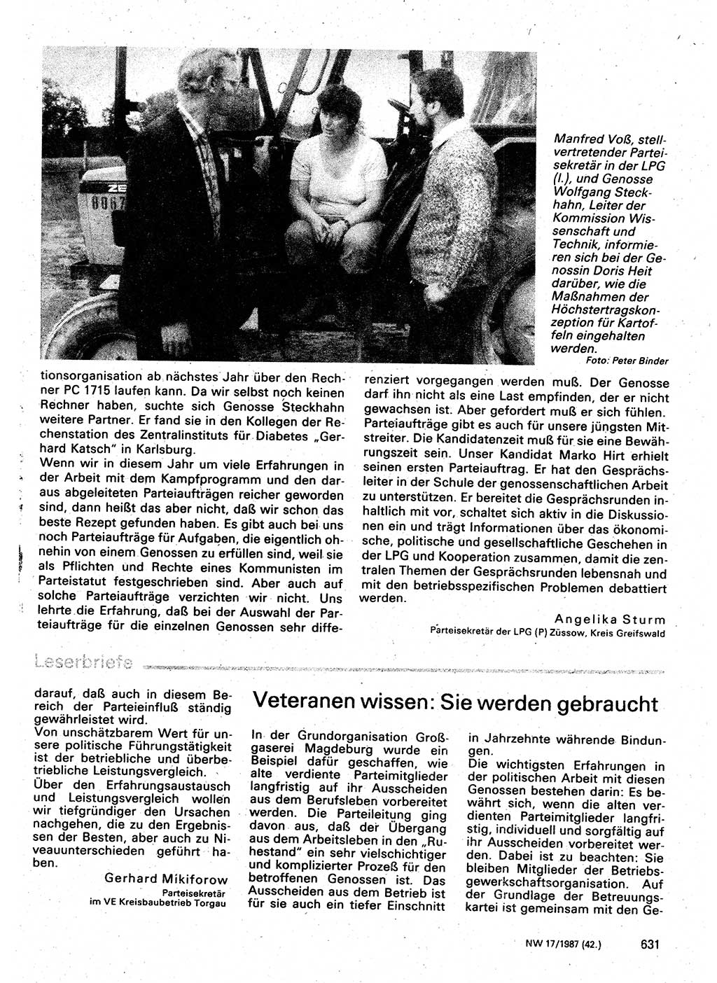 Neuer Weg (NW), Organ des Zentralkomitees (ZK) der SED (Sozialistische Einheitspartei Deutschlands) für Fragen des Parteilebens, 42. Jahrgang [Deutsche Demokratische Republik (DDR)] 1987, Seite 631 (NW ZK SED DDR 1987, S. 631)