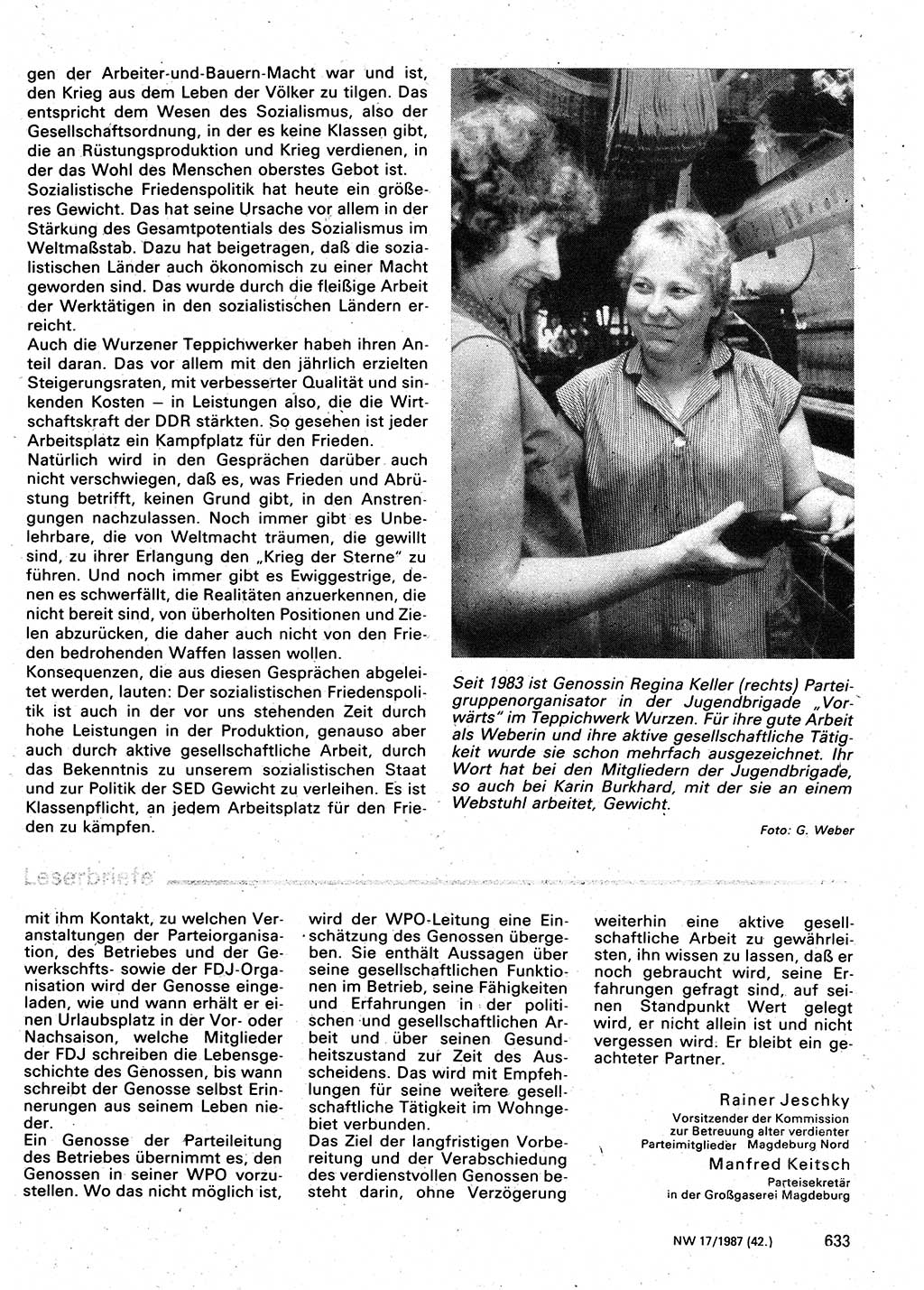 Neuer Weg (NW), Organ des Zentralkomitees (ZK) der SED (Sozialistische Einheitspartei Deutschlands) für Fragen des Parteilebens, 42. Jahrgang [Deutsche Demokratische Republik (DDR)] 1987, Seite 633 (NW ZK SED DDR 1987, S. 633)