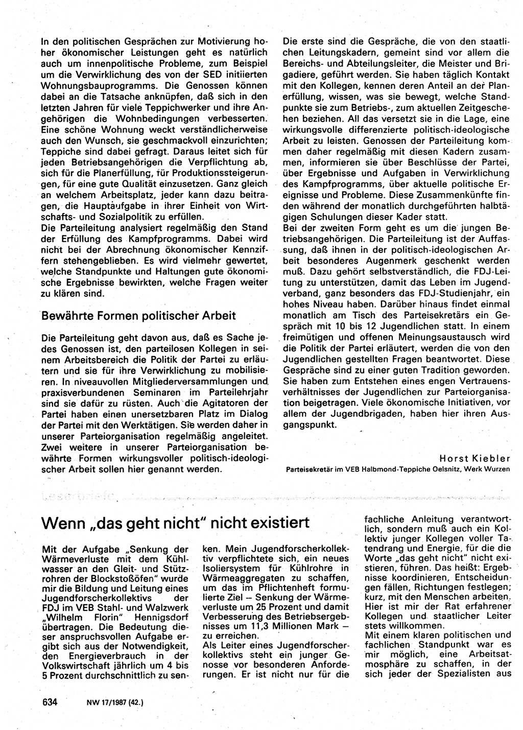 Neuer Weg (NW), Organ des Zentralkomitees (ZK) der SED (Sozialistische Einheitspartei Deutschlands) für Fragen des Parteilebens, 42. Jahrgang [Deutsche Demokratische Republik (DDR)] 1987, Seite 634 (NW ZK SED DDR 1987, S. 634)