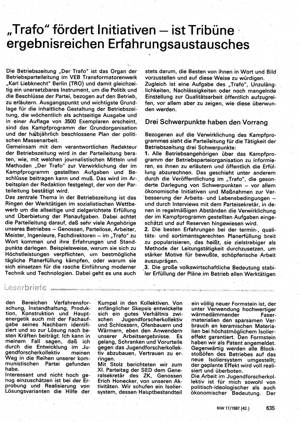 Neuer Weg (NW), Organ des Zentralkomitees (ZK) der SED (Sozialistische Einheitspartei Deutschlands) für Fragen des Parteilebens, 42. Jahrgang [Deutsche Demokratische Republik (DDR)] 1987, Seite 635 (NW ZK SED DDR 1987, S. 635)