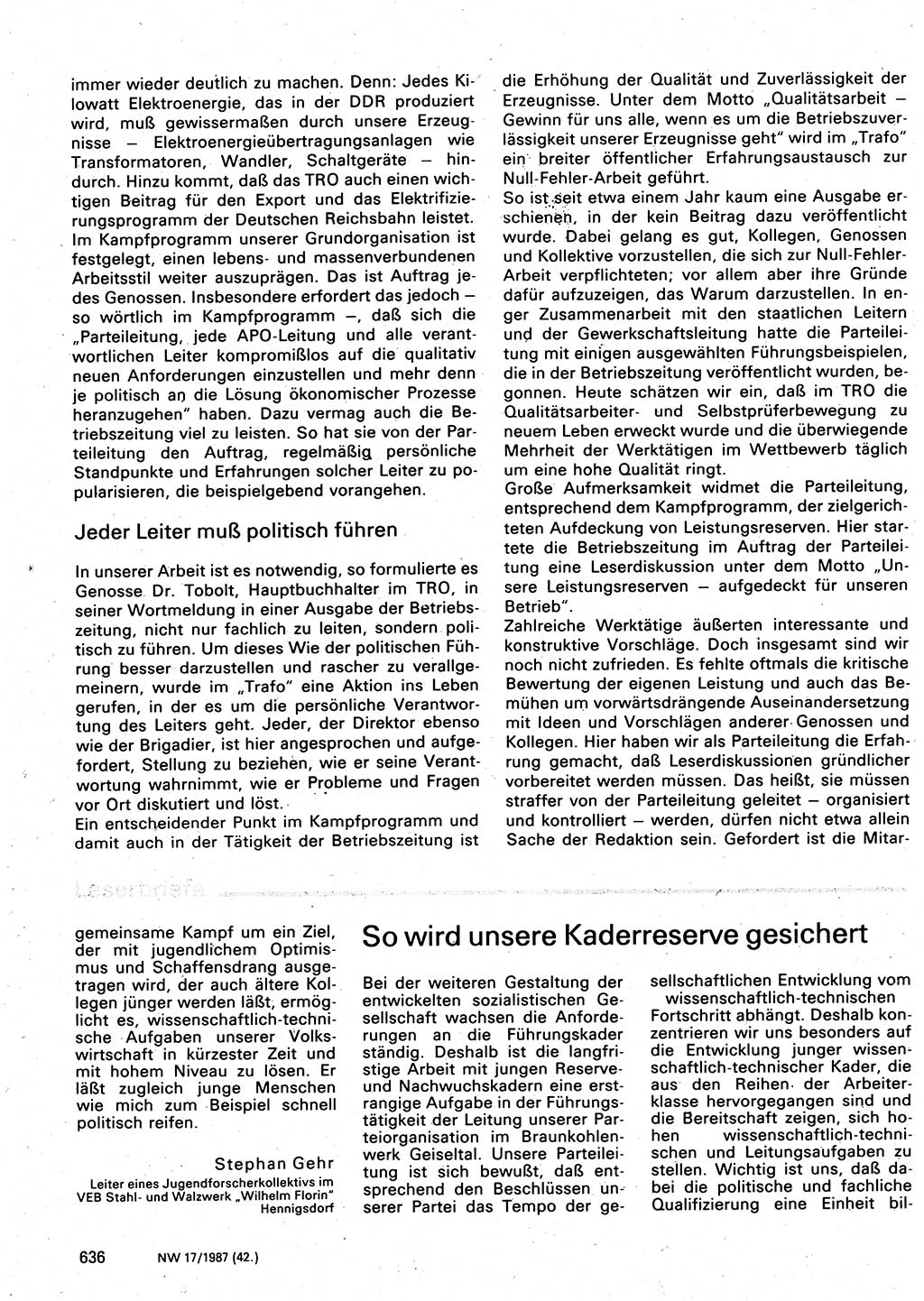 Neuer Weg (NW), Organ des Zentralkomitees (ZK) der SED (Sozialistische Einheitspartei Deutschlands) für Fragen des Parteilebens, 42. Jahrgang [Deutsche Demokratische Republik (DDR)] 1987, Seite 636 (NW ZK SED DDR 1987, S. 636)