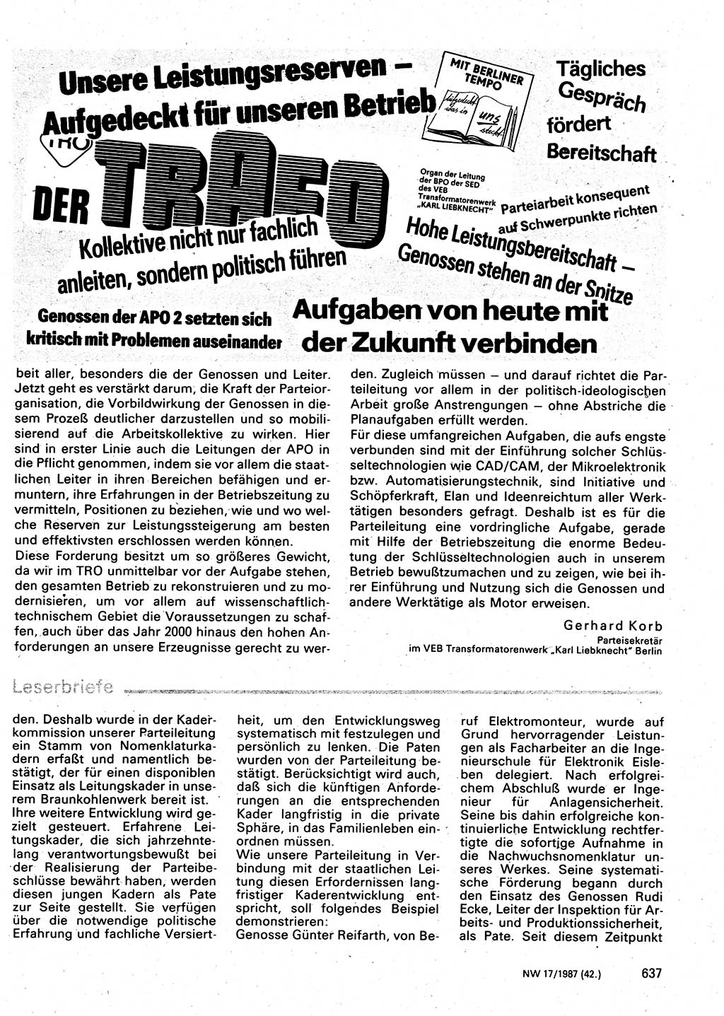 Neuer Weg (NW), Organ des Zentralkomitees (ZK) der SED (Sozialistische Einheitspartei Deutschlands) für Fragen des Parteilebens, 42. Jahrgang [Deutsche Demokratische Republik (DDR)] 1987, Seite 637 (NW ZK SED DDR 1987, S. 637)
