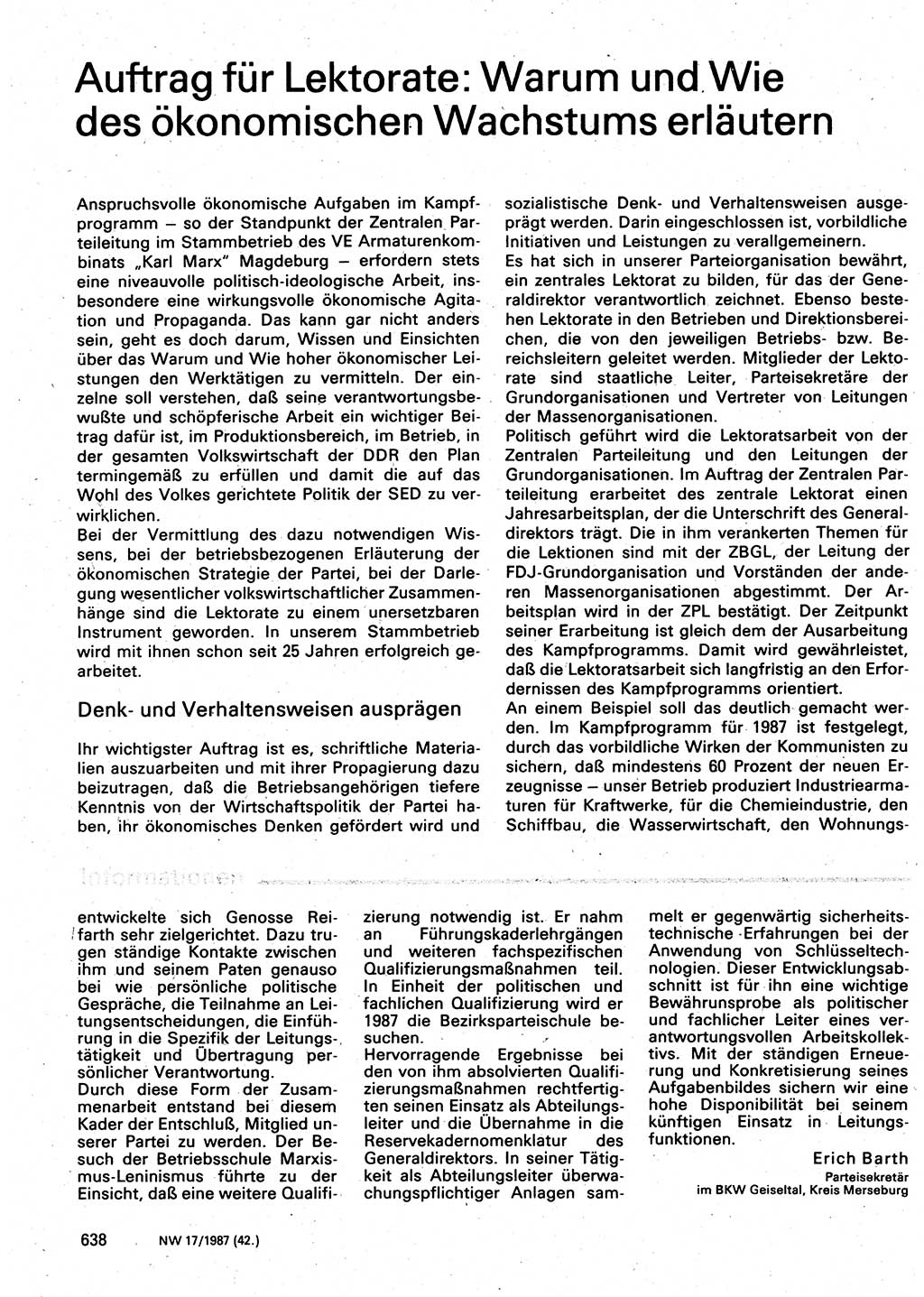 Neuer Weg (NW), Organ des Zentralkomitees (ZK) der SED (Sozialistische Einheitspartei Deutschlands) für Fragen des Parteilebens, 42. Jahrgang [Deutsche Demokratische Republik (DDR)] 1987, Seite 638 (NW ZK SED DDR 1987, S. 638)