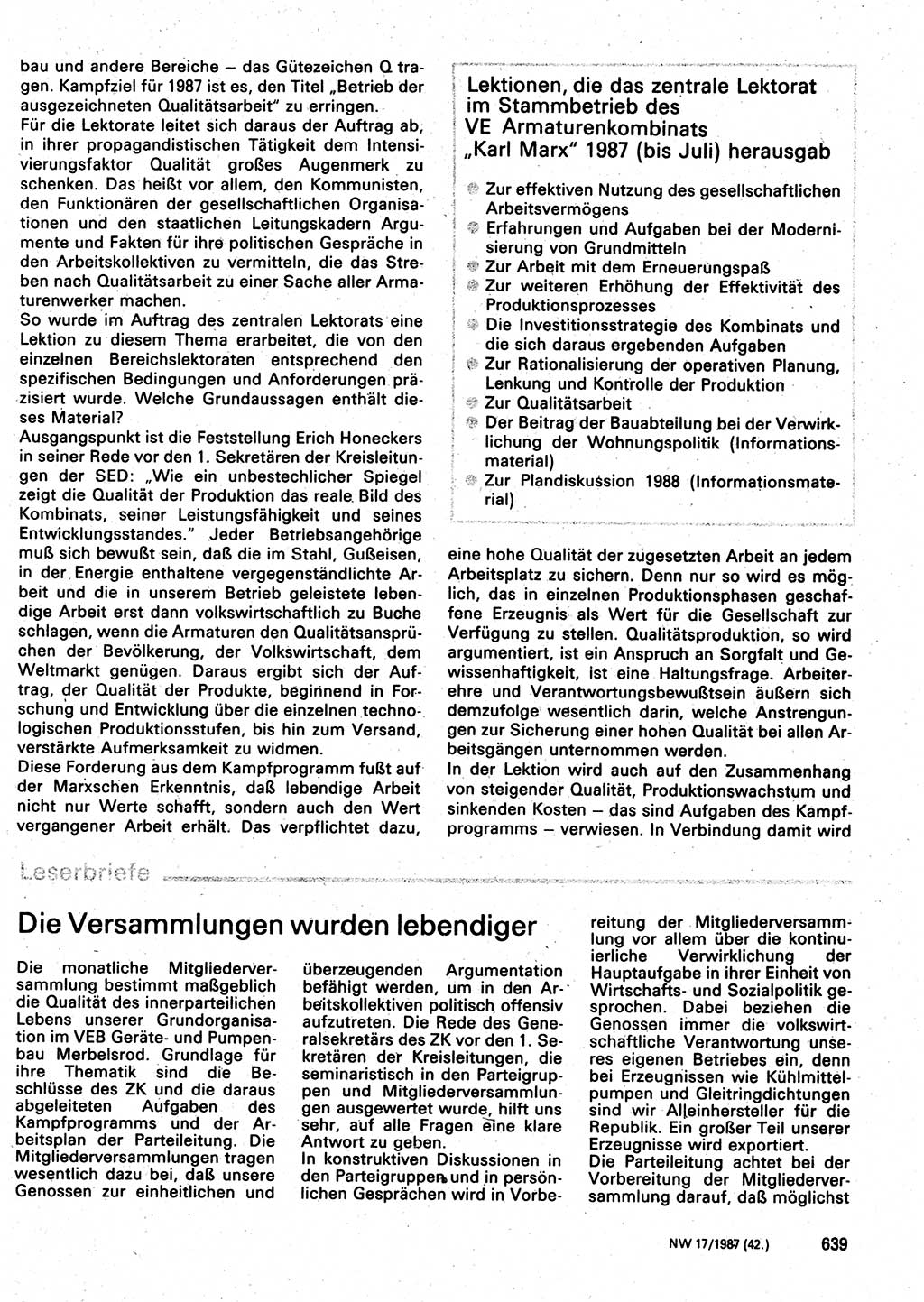 Neuer Weg (NW), Organ des Zentralkomitees (ZK) der SED (Sozialistische Einheitspartei Deutschlands) für Fragen des Parteilebens, 42. Jahrgang [Deutsche Demokratische Republik (DDR)] 1987, Seite 639 (NW ZK SED DDR 1987, S. 639)