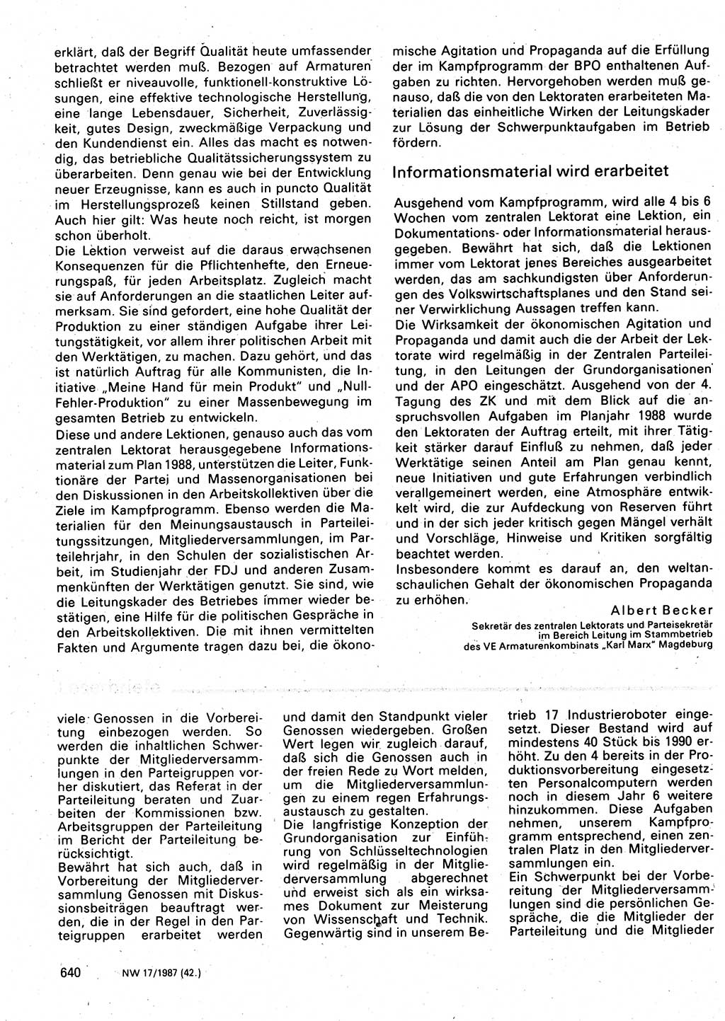 Neuer Weg (NW), Organ des Zentralkomitees (ZK) der SED (Sozialistische Einheitspartei Deutschlands) für Fragen des Parteilebens, 42. Jahrgang [Deutsche Demokratische Republik (DDR)] 1987, Seite 640 (NW ZK SED DDR 1987, S. 640)