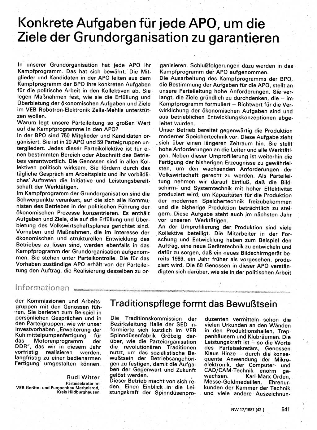 Neuer Weg (NW), Organ des Zentralkomitees (ZK) der SED (Sozialistische Einheitspartei Deutschlands) für Fragen des Parteilebens, 42. Jahrgang [Deutsche Demokratische Republik (DDR)] 1987, Seite 641 (NW ZK SED DDR 1987, S. 641)
