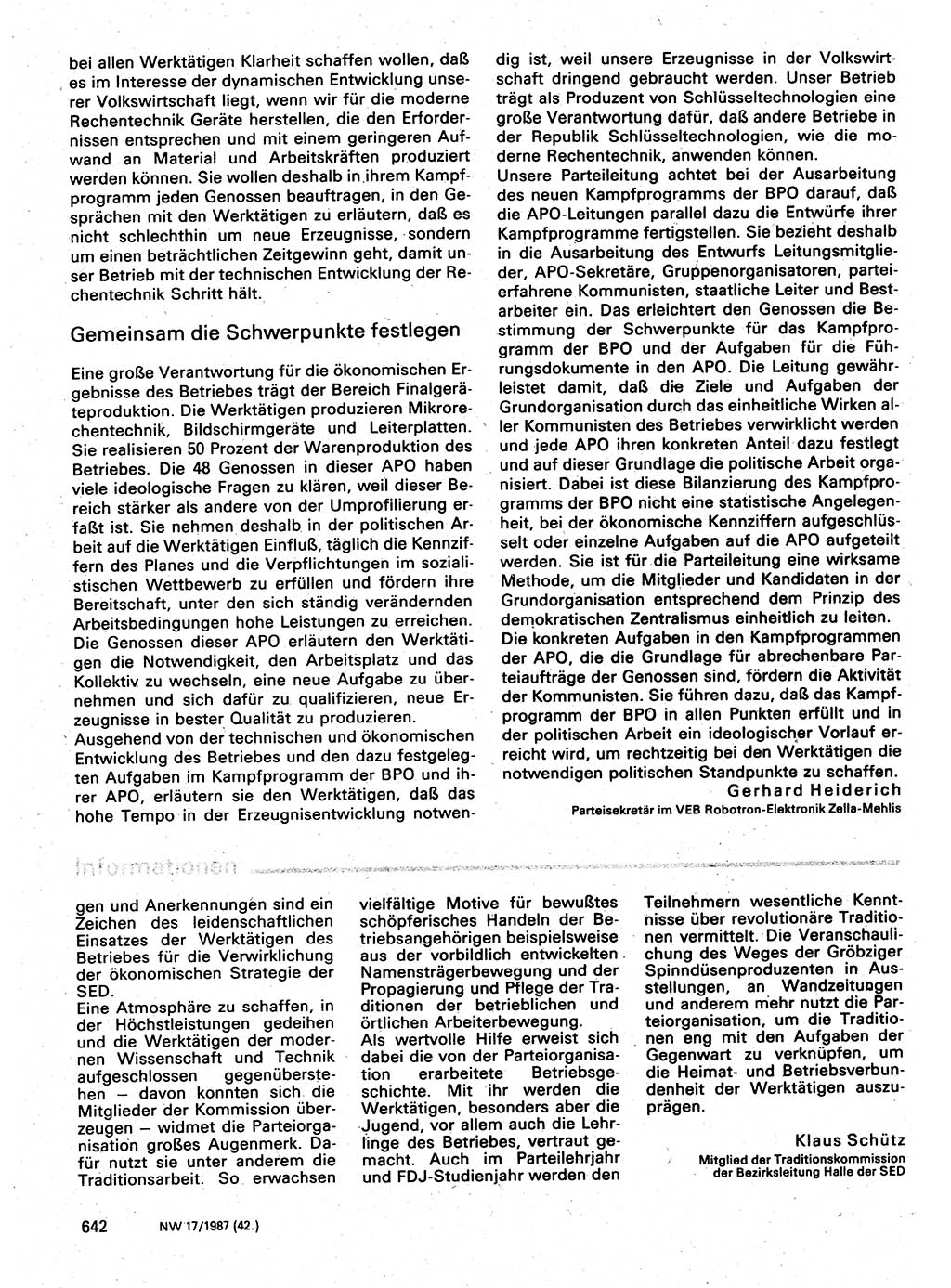 Neuer Weg (NW), Organ des Zentralkomitees (ZK) der SED (Sozialistische Einheitspartei Deutschlands) für Fragen des Parteilebens, 42. Jahrgang [Deutsche Demokratische Republik (DDR)] 1987, Seite 642 (NW ZK SED DDR 1987, S. 642)