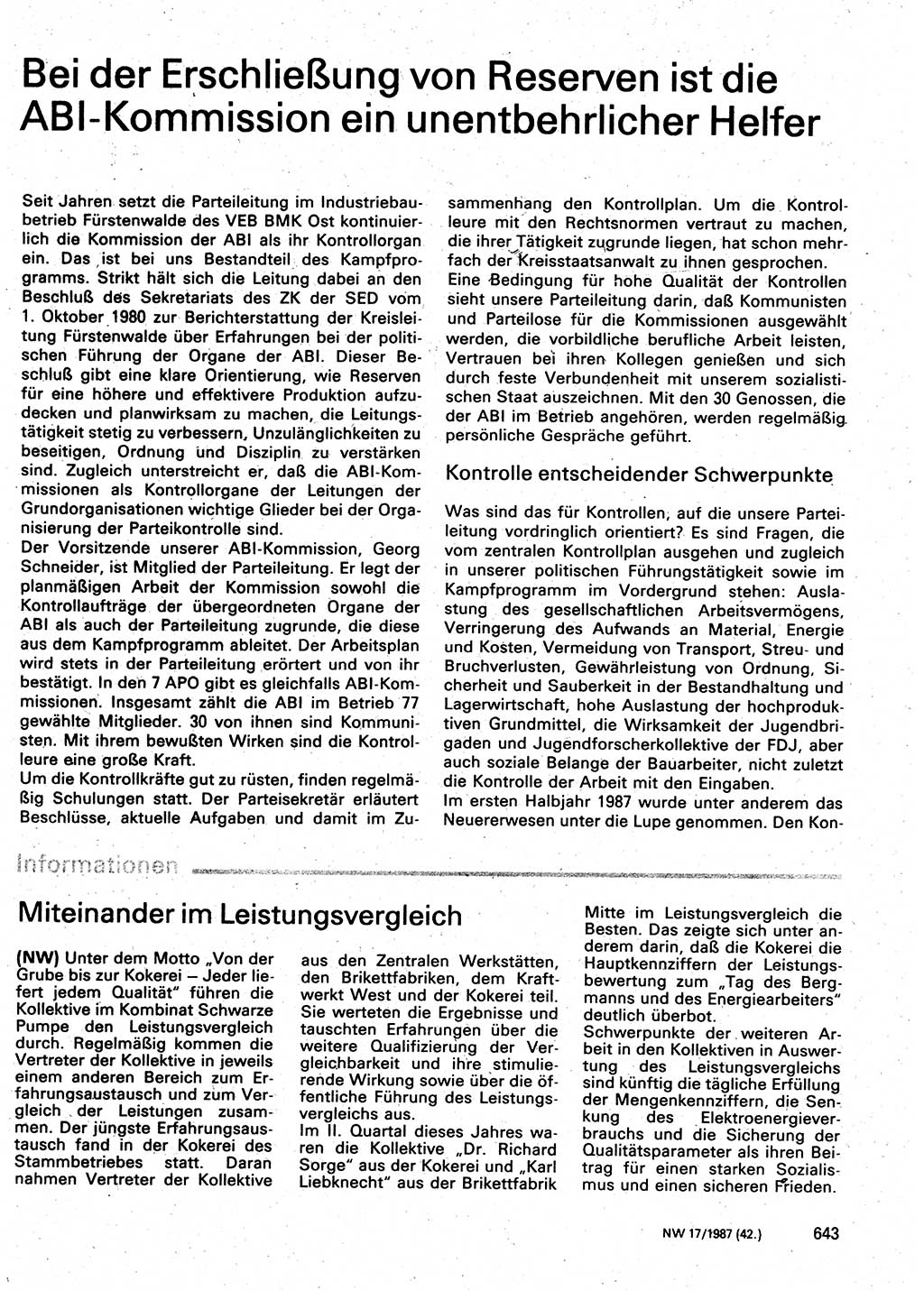 Neuer Weg (NW), Organ des Zentralkomitees (ZK) der SED (Sozialistische Einheitspartei Deutschlands) für Fragen des Parteilebens, 42. Jahrgang [Deutsche Demokratische Republik (DDR)] 1987, Seite 643 (NW ZK SED DDR 1987, S. 643)