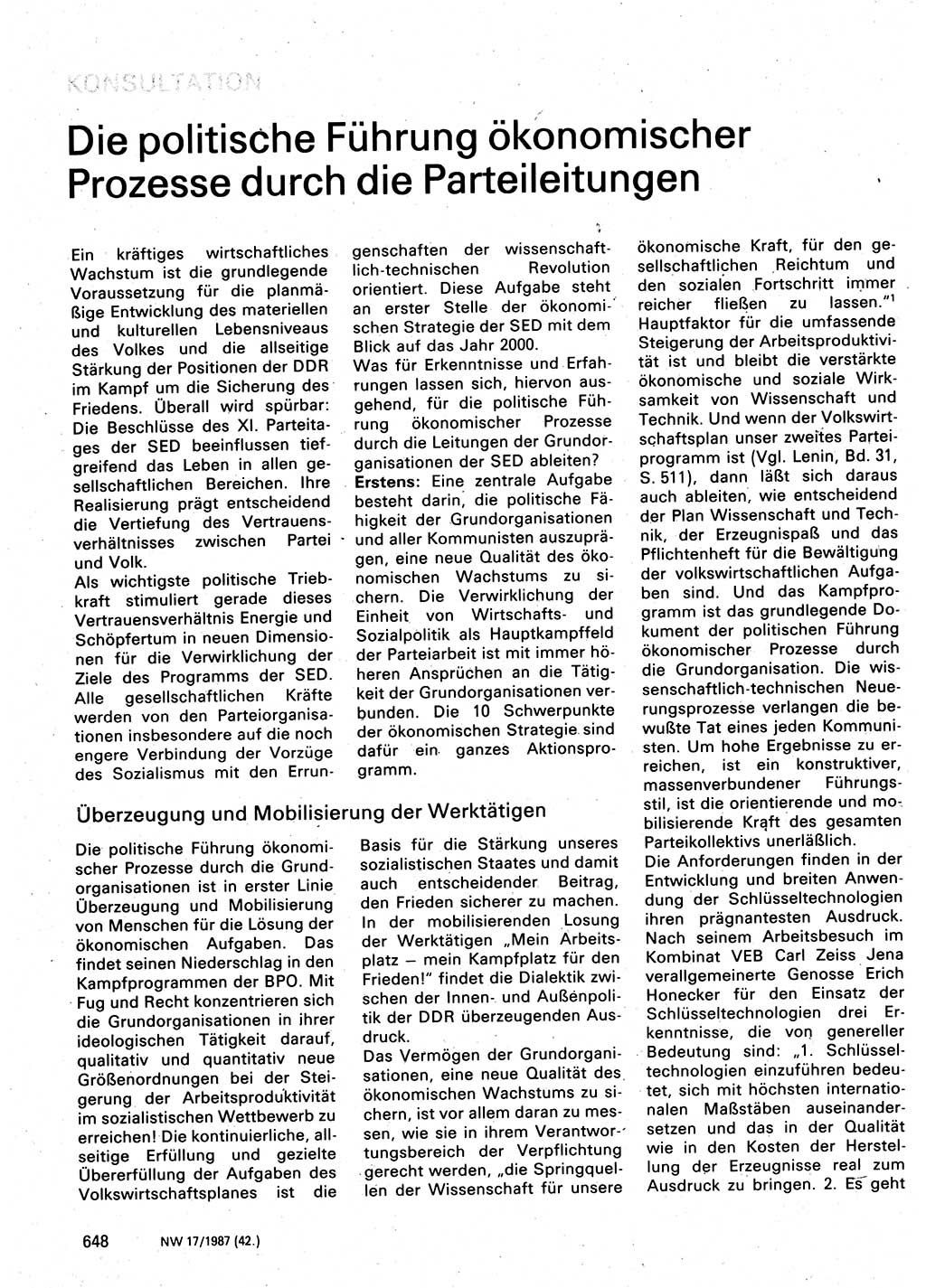 Neuer Weg (NW), Organ des Zentralkomitees (ZK) der SED (Sozialistische Einheitspartei Deutschlands) für Fragen des Parteilebens, 42. Jahrgang [Deutsche Demokratische Republik (DDR)] 1987, Seite 648 (NW ZK SED DDR 1987, S. 648)