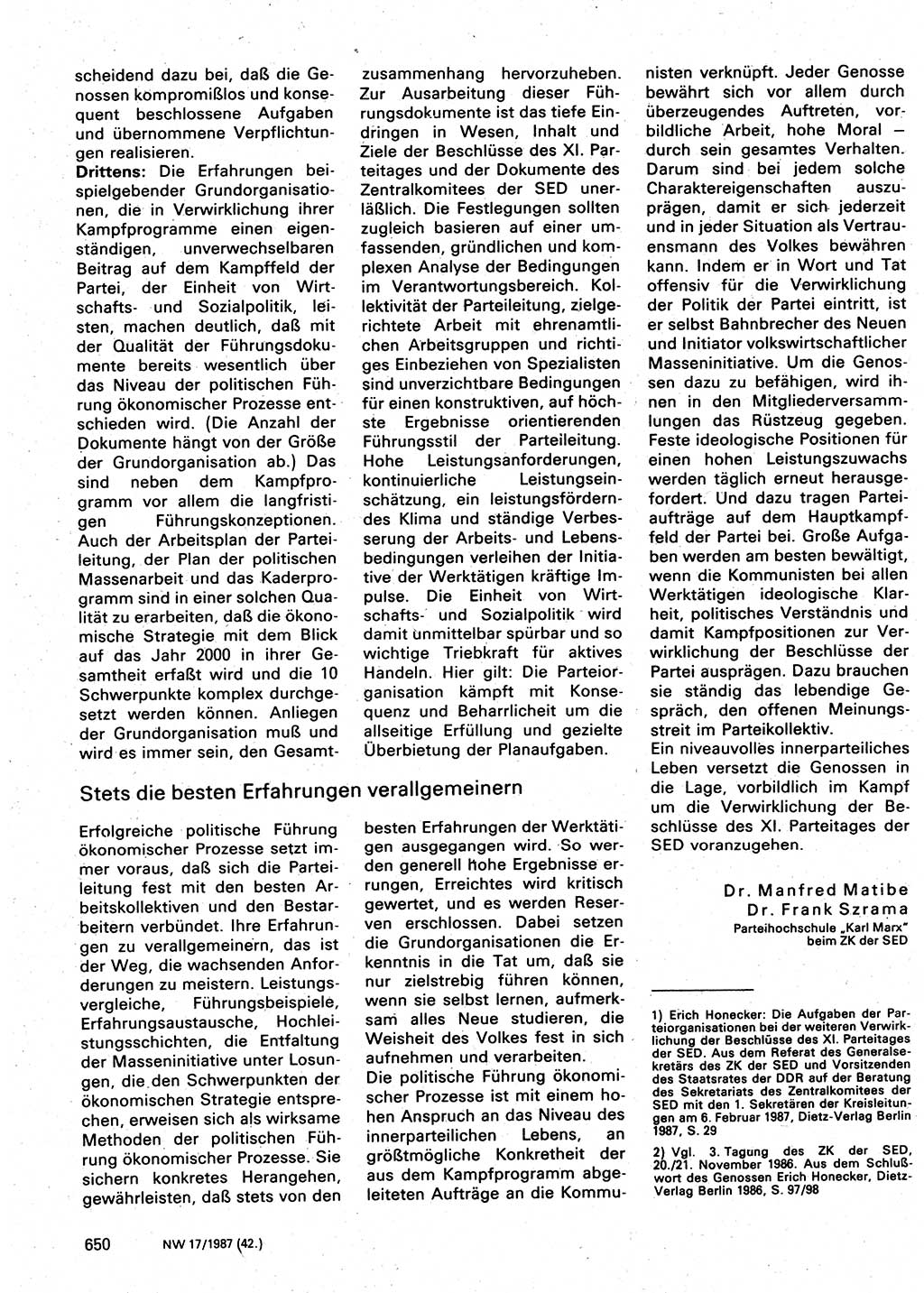 Neuer Weg (NW), Organ des Zentralkomitees (ZK) der SED (Sozialistische Einheitspartei Deutschlands) für Fragen des Parteilebens, 42. Jahrgang [Deutsche Demokratische Republik (DDR)] 1987, Seite 650 (NW ZK SED DDR 1987, S. 650)