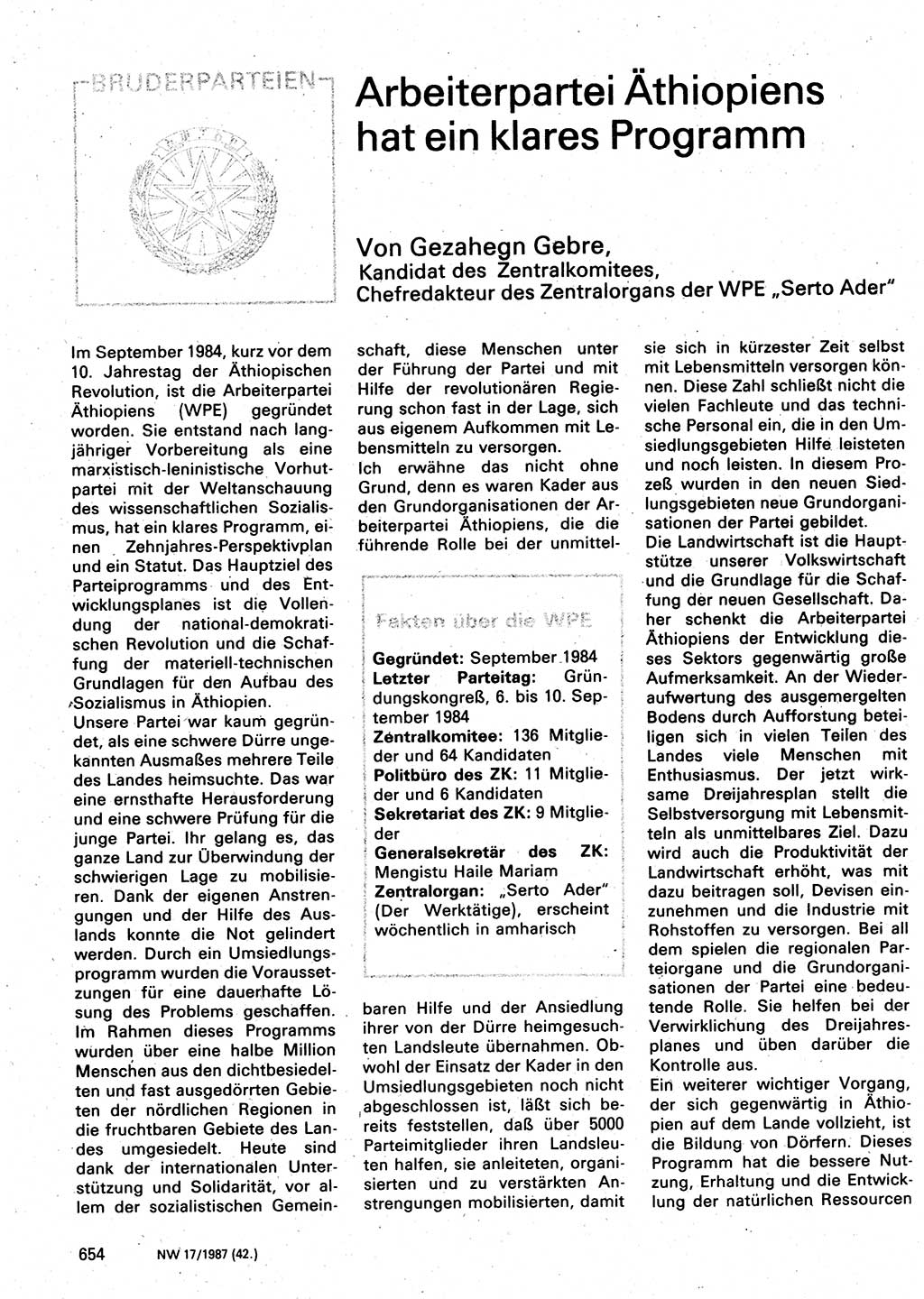 Neuer Weg (NW), Organ des Zentralkomitees (ZK) der SED (Sozialistische Einheitspartei Deutschlands) für Fragen des Parteilebens, 42. Jahrgang [Deutsche Demokratische Republik (DDR)] 1987, Seite 654 (NW ZK SED DDR 1987, S. 654)