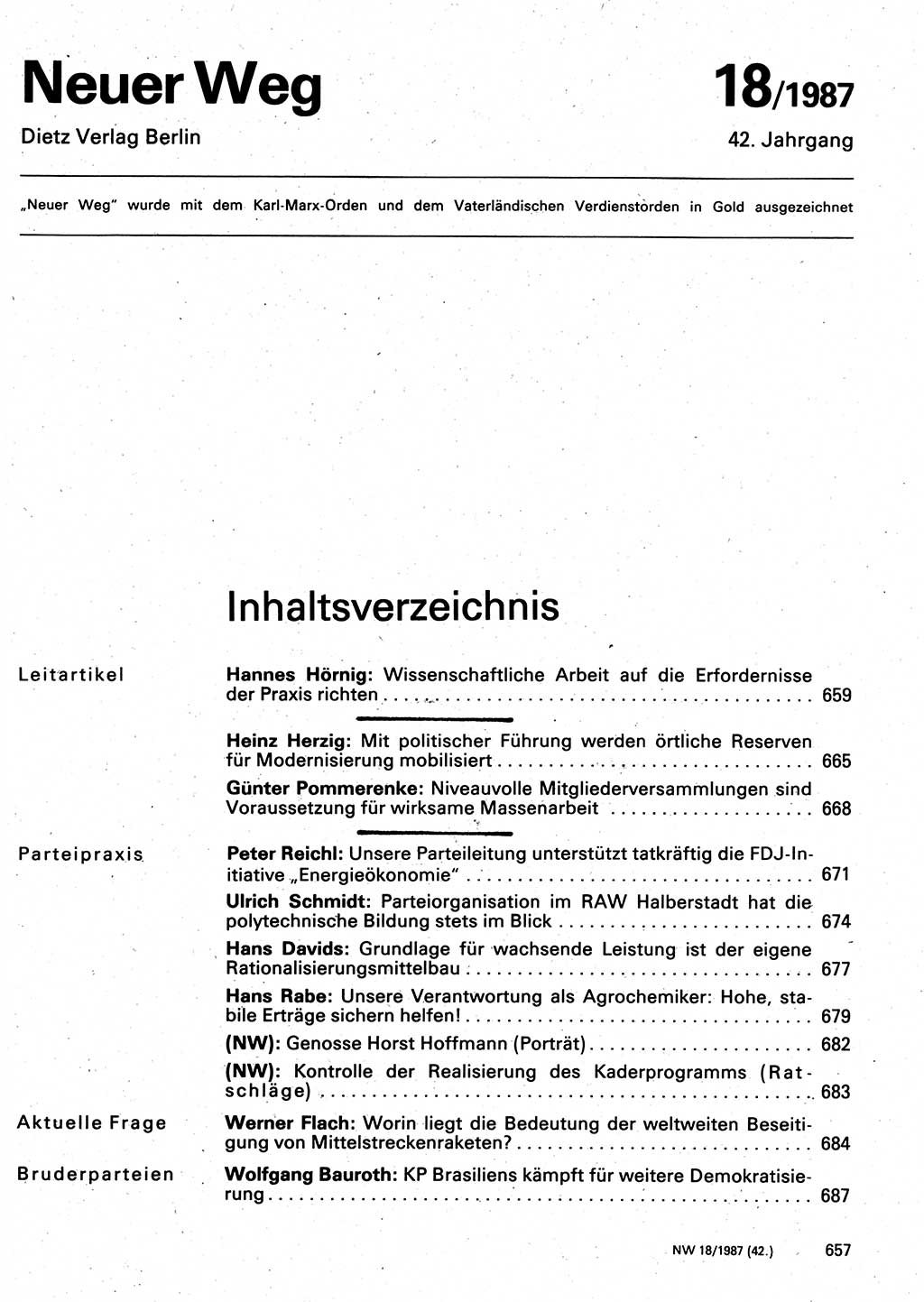 Neuer Weg (NW), Organ des Zentralkomitees (ZK) der SED (Sozialistische Einheitspartei Deutschlands) für Fragen des Parteilebens, 42. Jahrgang [Deutsche Demokratische Republik (DDR)] 1987, Seite 657 (NW ZK SED DDR 1987, S. 657)