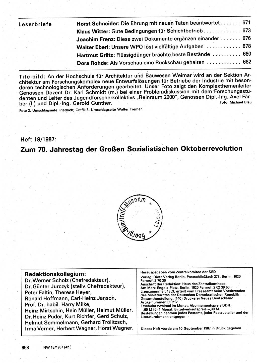 Neuer Weg (NW), Organ des Zentralkomitees (ZK) der SED (Sozialistische Einheitspartei Deutschlands) für Fragen des Parteilebens, 42. Jahrgang [Deutsche Demokratische Republik (DDR)] 1987, Seite 658 (NW ZK SED DDR 1987, S. 658)