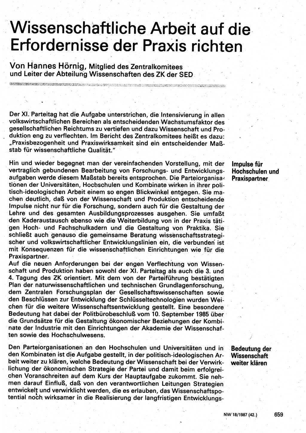 Neuer Weg (NW), Organ des Zentralkomitees (ZK) der SED (Sozialistische Einheitspartei Deutschlands) für Fragen des Parteilebens, 42. Jahrgang [Deutsche Demokratische Republik (DDR)] 1987, Seite 659 (NW ZK SED DDR 1987, S. 659)