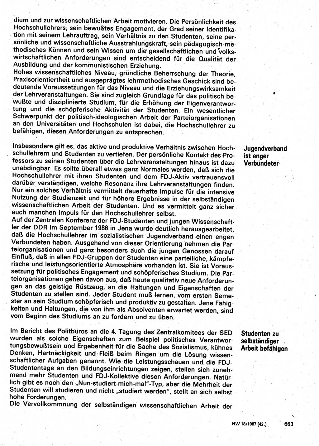 Neuer Weg (NW), Organ des Zentralkomitees (ZK) der SED (Sozialistische Einheitspartei Deutschlands) für Fragen des Parteilebens, 42. Jahrgang [Deutsche Demokratische Republik (DDR)] 1987, Seite 663 (NW ZK SED DDR 1987, S. 663)