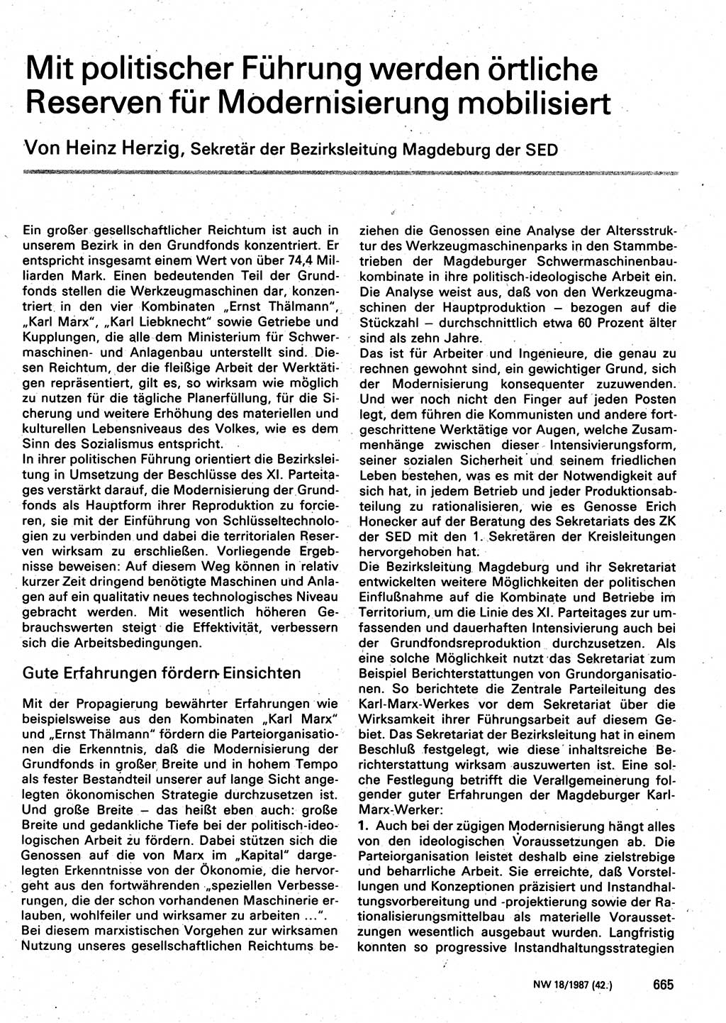 Neuer Weg (NW), Organ des Zentralkomitees (ZK) der SED (Sozialistische Einheitspartei Deutschlands) für Fragen des Parteilebens, 42. Jahrgang [Deutsche Demokratische Republik (DDR)] 1987, Seite 665 (NW ZK SED DDR 1987, S. 665)