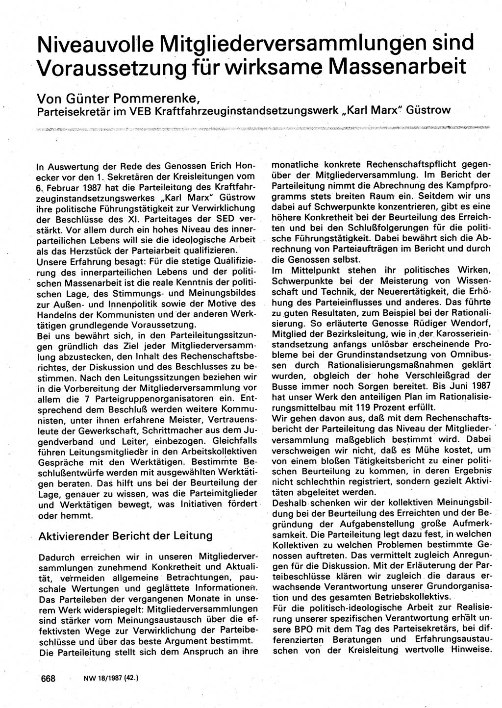 Neuer Weg (NW), Organ des Zentralkomitees (ZK) der SED (Sozialistische Einheitspartei Deutschlands) für Fragen des Parteilebens, 42. Jahrgang [Deutsche Demokratische Republik (DDR)] 1987, Seite 668 (NW ZK SED DDR 1987, S. 668)