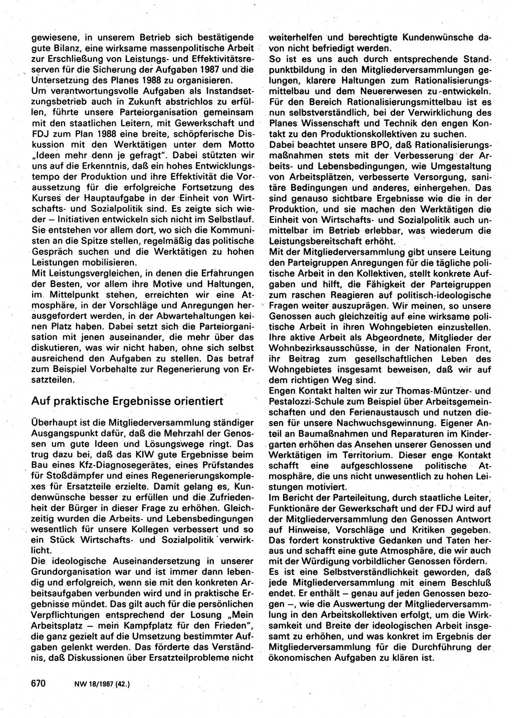 Neuer Weg (NW), Organ des Zentralkomitees (ZK) der SED (Sozialistische Einheitspartei Deutschlands) für Fragen des Parteilebens, 42. Jahrgang [Deutsche Demokratische Republik (DDR)] 1987, Seite 670 (NW ZK SED DDR 1987, S. 670)