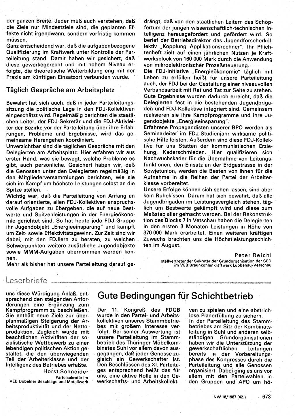 Neuer Weg (NW), Organ des Zentralkomitees (ZK) der SED (Sozialistische Einheitspartei Deutschlands) für Fragen des Parteilebens, 42. Jahrgang [Deutsche Demokratische Republik (DDR)] 1987, Seite 673 (NW ZK SED DDR 1987, S. 673)