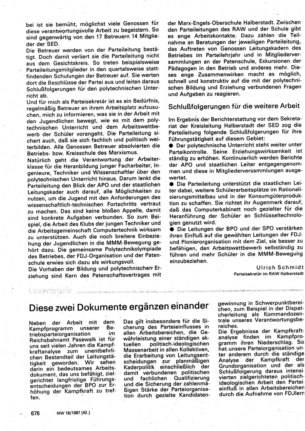 Neuer Weg (NW), Organ des Zentralkomitees (ZK) der SED (Sozialistische Einheitspartei Deutschlands) für Fragen des Parteilebens, 42. Jahrgang [Deutsche Demokratische Republik (DDR)] 1987, Seite 676 (NW ZK SED DDR 1987, S. 676)