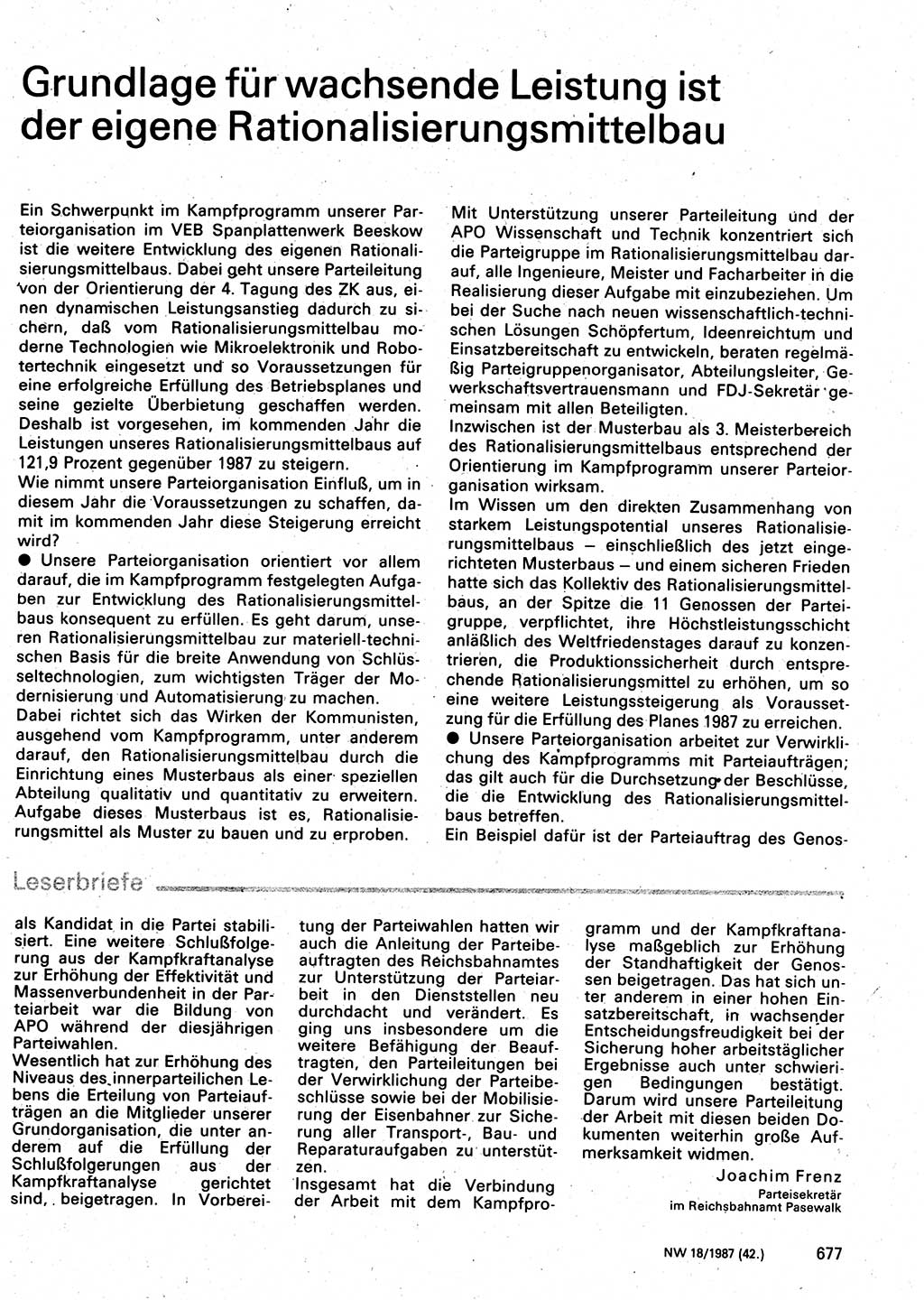 Neuer Weg (NW), Organ des Zentralkomitees (ZK) der SED (Sozialistische Einheitspartei Deutschlands) für Fragen des Parteilebens, 42. Jahrgang [Deutsche Demokratische Republik (DDR)] 1987, Seite 677 (NW ZK SED DDR 1987, S. 677)