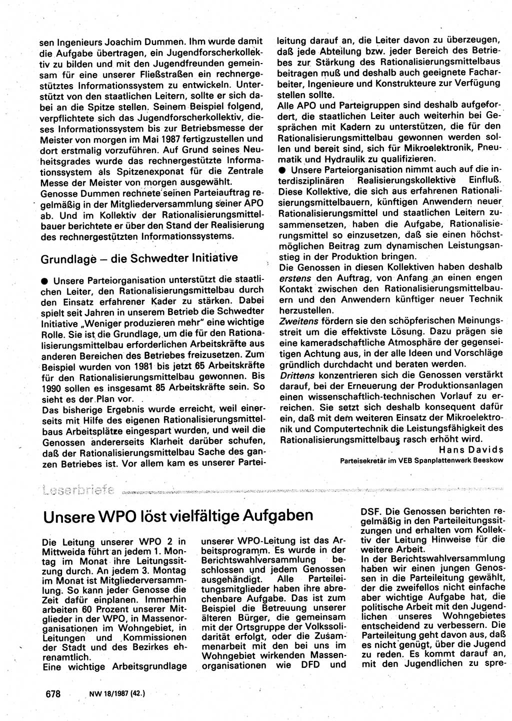 Neuer Weg (NW), Organ des Zentralkomitees (ZK) der SED (Sozialistische Einheitspartei Deutschlands) für Fragen des Parteilebens, 42. Jahrgang [Deutsche Demokratische Republik (DDR)] 1987, Seite 678 (NW ZK SED DDR 1987, S. 678)