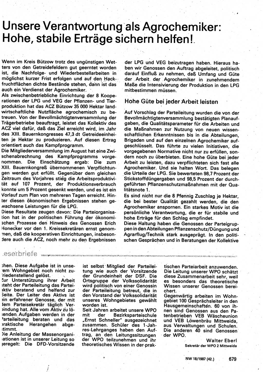 Neuer Weg (NW), Organ des Zentralkomitees (ZK) der SED (Sozialistische Einheitspartei Deutschlands) für Fragen des Parteilebens, 42. Jahrgang [Deutsche Demokratische Republik (DDR)] 1987, Seite 679 (NW ZK SED DDR 1987, S. 679)