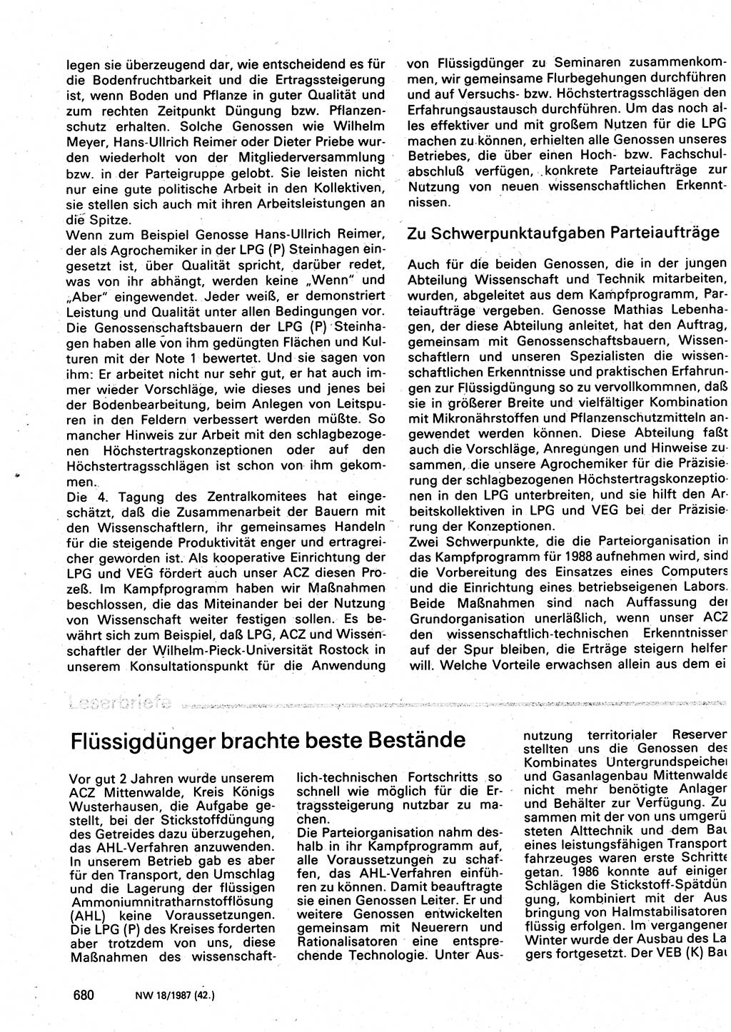 Neuer Weg (NW), Organ des Zentralkomitees (ZK) der SED (Sozialistische Einheitspartei Deutschlands) für Fragen des Parteilebens, 42. Jahrgang [Deutsche Demokratische Republik (DDR)] 1987, Seite 680 (NW ZK SED DDR 1987, S. 680)