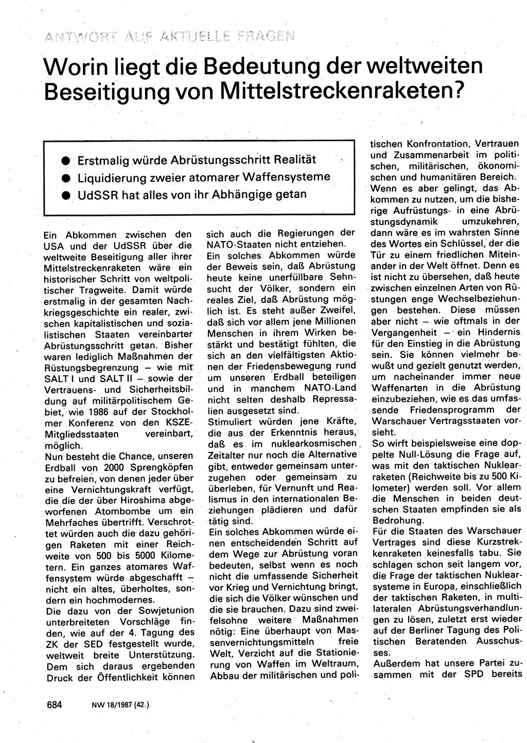 Neuer Weg (NW), Organ des Zentralkomitees (ZK) der SED (Sozialistische Einheitspartei Deutschlands) für Fragen des Parteilebens, 42. Jahrgang [Deutsche Demokratische Republik (DDR)] 1987, Seite 684 (NW ZK SED DDR 1987, S. 684)