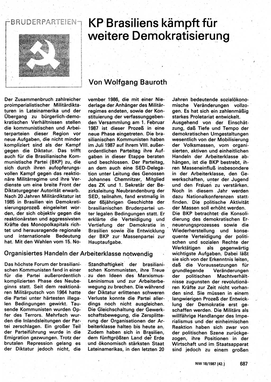 Neuer Weg (NW), Organ des Zentralkomitees (ZK) der SED (Sozialistische Einheitspartei Deutschlands) für Fragen des Parteilebens, 42. Jahrgang [Deutsche Demokratische Republik (DDR)] 1987, Seite 687 (NW ZK SED DDR 1987, S. 687)