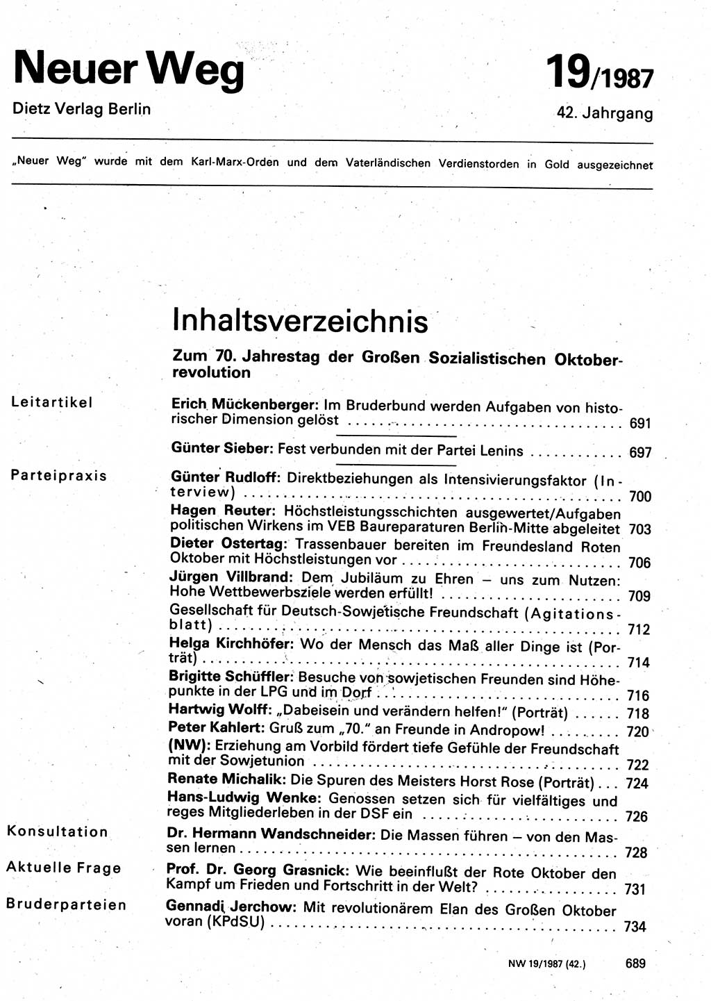 Neuer Weg (NW), Organ des Zentralkomitees (ZK) der SED (Sozialistische Einheitspartei Deutschlands) für Fragen des Parteilebens, 42. Jahrgang [Deutsche Demokratische Republik (DDR)] 1987, Seite 689 (NW ZK SED DDR 1987, S. 689)