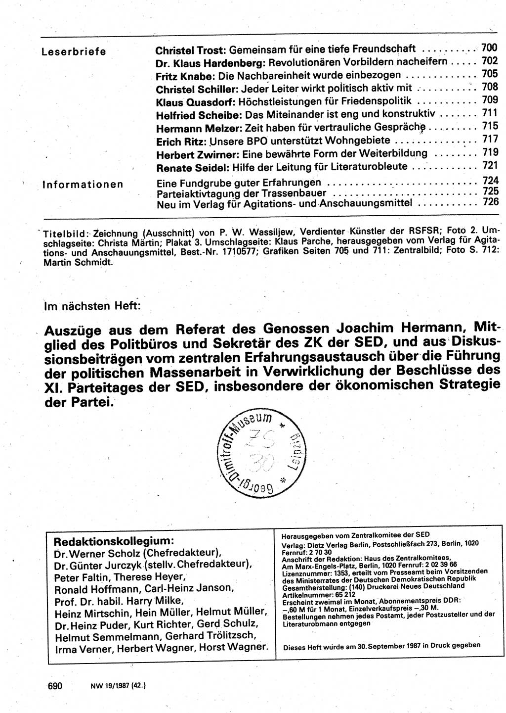 Neuer Weg (NW), Organ des Zentralkomitees (ZK) der SED (Sozialistische Einheitspartei Deutschlands) für Fragen des Parteilebens, 42. Jahrgang [Deutsche Demokratische Republik (DDR)] 1987, Seite 690 (NW ZK SED DDR 1987, S. 690)