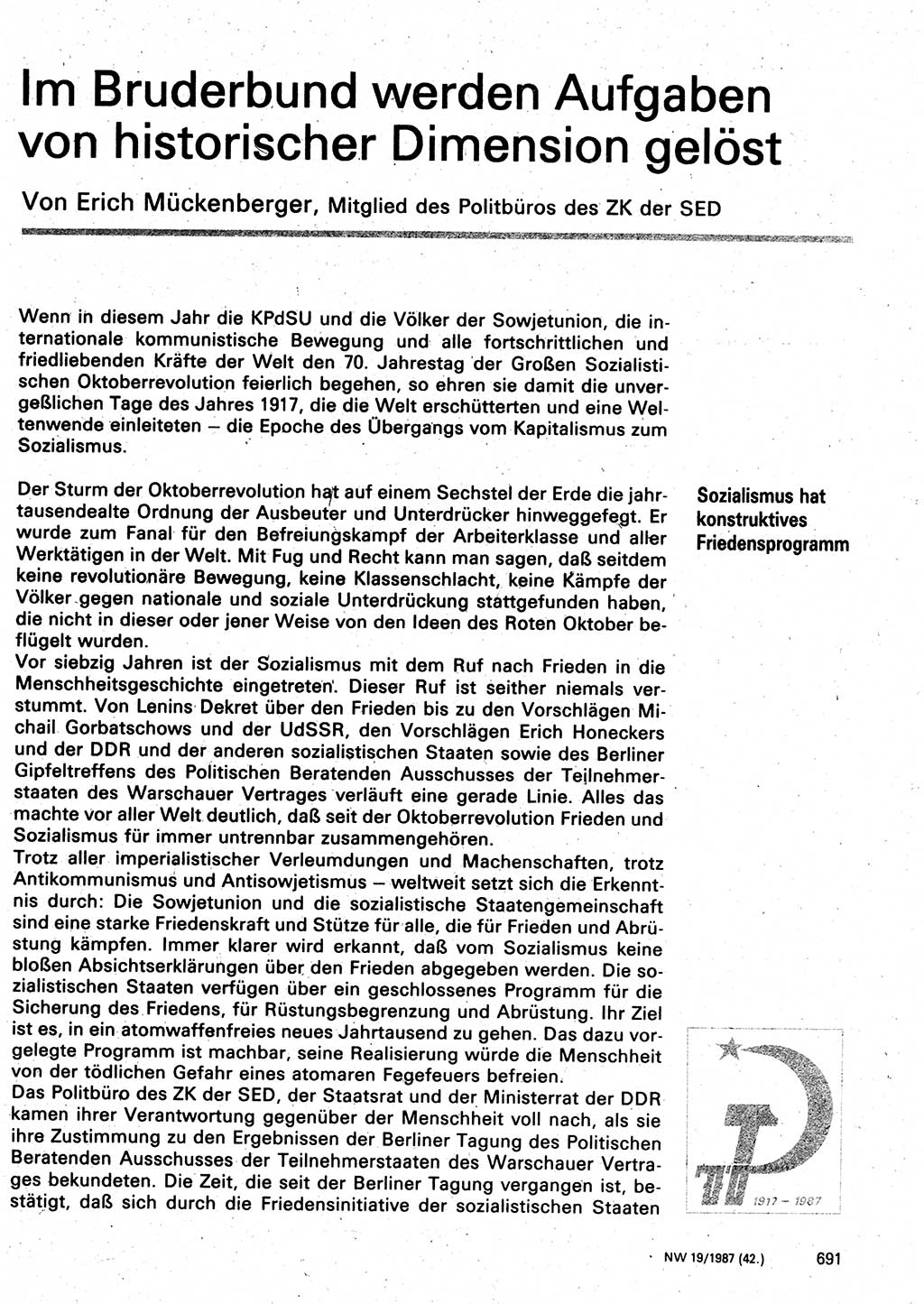 Neuer Weg (NW), Organ des Zentralkomitees (ZK) der SED (Sozialistische Einheitspartei Deutschlands) für Fragen des Parteilebens, 42. Jahrgang [Deutsche Demokratische Republik (DDR)] 1987, Seite 691 (NW ZK SED DDR 1987, S. 691)