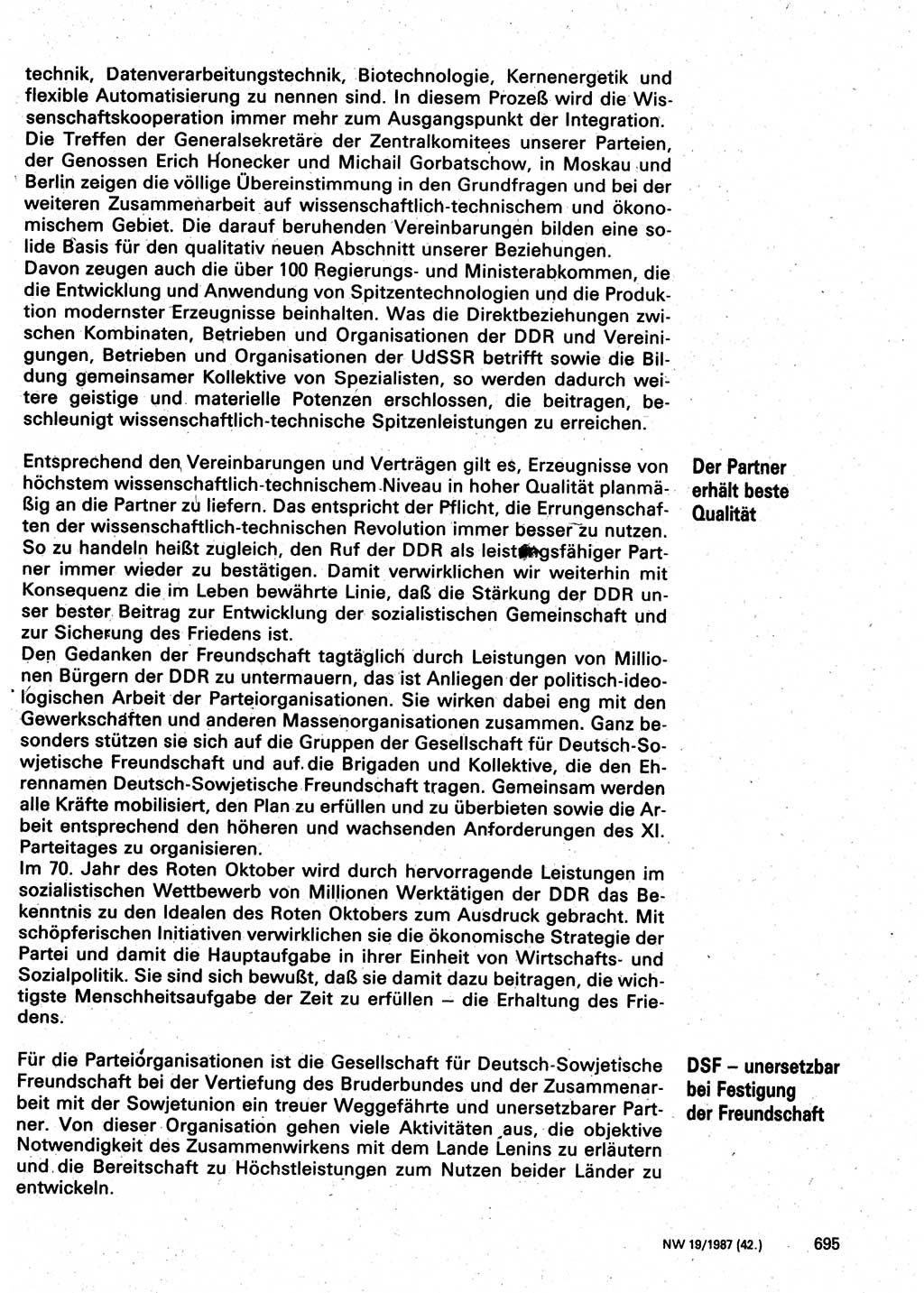 Neuer Weg (NW), Organ des Zentralkomitees (ZK) der SED (Sozialistische Einheitspartei Deutschlands) für Fragen des Parteilebens, 42. Jahrgang [Deutsche Demokratische Republik (DDR)] 1987, Seite 695 (NW ZK SED DDR 1987, S. 695)