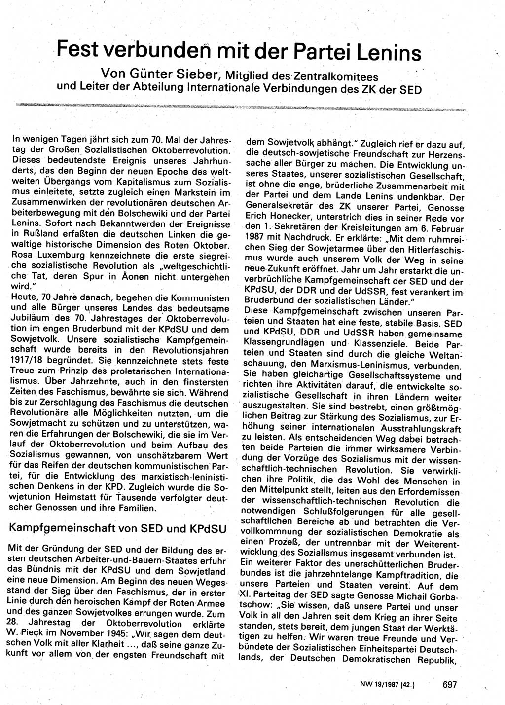 Neuer Weg (NW), Organ des Zentralkomitees (ZK) der SED (Sozialistische Einheitspartei Deutschlands) für Fragen des Parteilebens, 42. Jahrgang [Deutsche Demokratische Republik (DDR)] 1987, Seite 697 (NW ZK SED DDR 1987, S. 697)