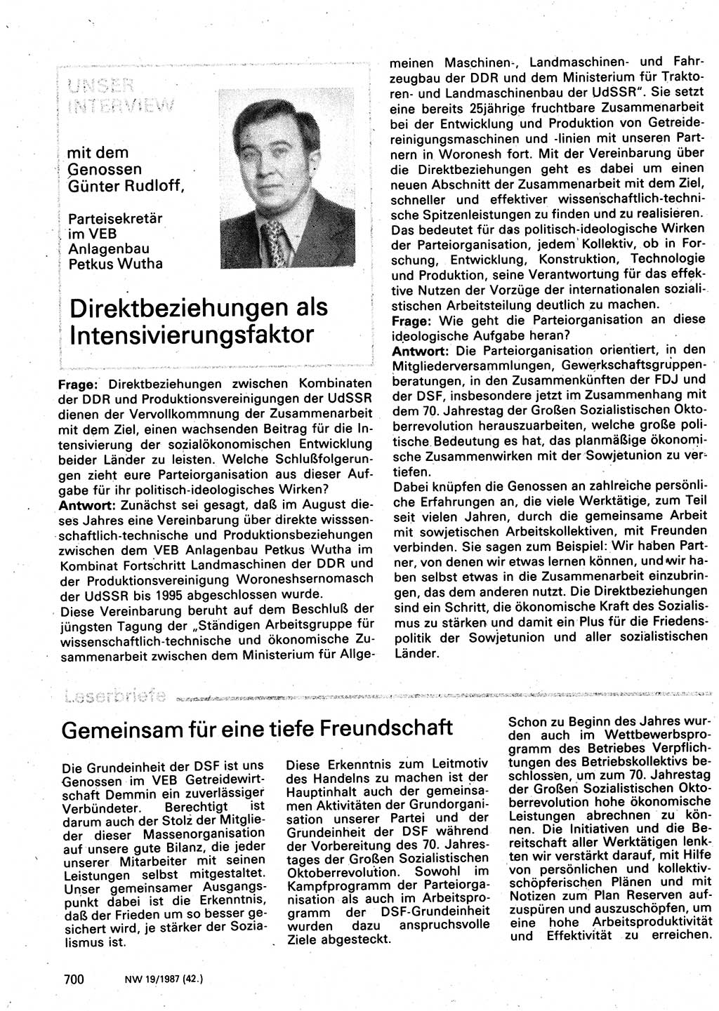 Neuer Weg (NW), Organ des Zentralkomitees (ZK) der SED (Sozialistische Einheitspartei Deutschlands) für Fragen des Parteilebens, 42. Jahrgang [Deutsche Demokratische Republik (DDR)] 1987, Seite 700 (NW ZK SED DDR 1987, S. 700)