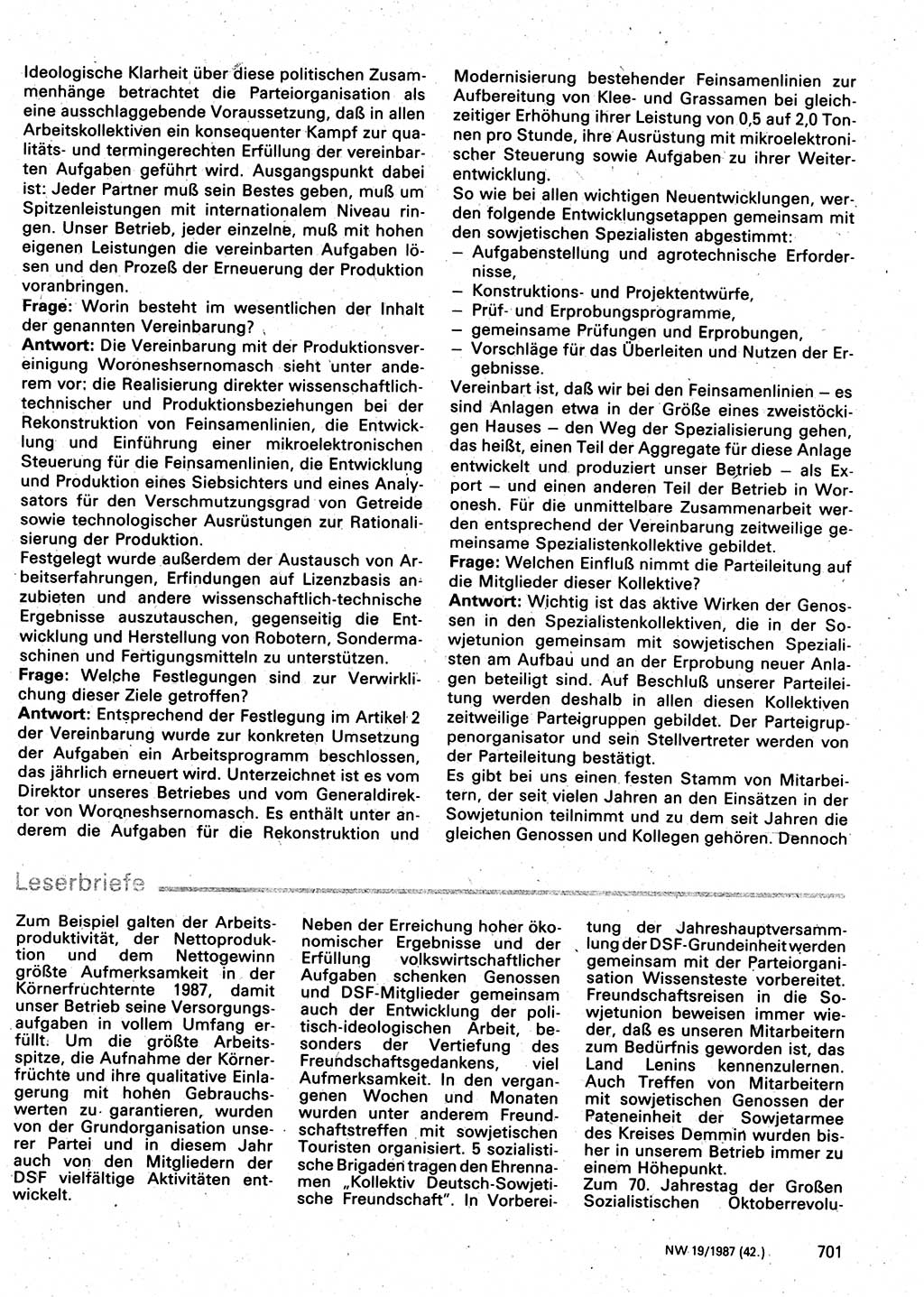Neuer Weg (NW), Organ des Zentralkomitees (ZK) der SED (Sozialistische Einheitspartei Deutschlands) für Fragen des Parteilebens, 42. Jahrgang [Deutsche Demokratische Republik (DDR)] 1987, Seite 701 (NW ZK SED DDR 1987, S. 701)