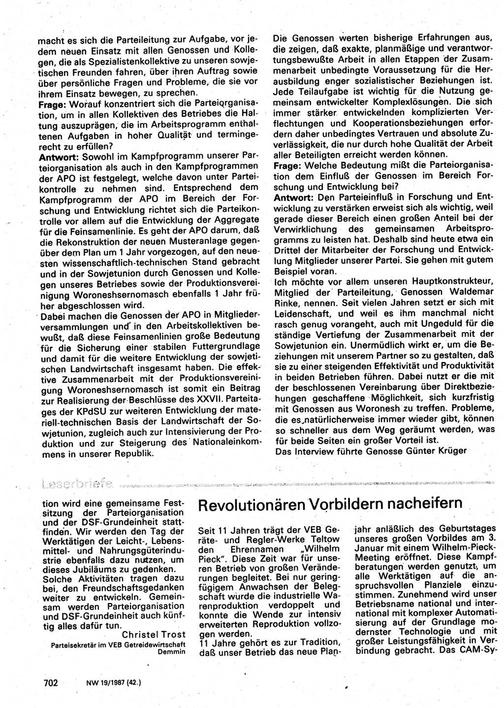 Neuer Weg (NW), Organ des Zentralkomitees (ZK) der SED (Sozialistische Einheitspartei Deutschlands) für Fragen des Parteilebens, 42. Jahrgang [Deutsche Demokratische Republik (DDR)] 1987, Seite 702 (NW ZK SED DDR 1987, S. 702)